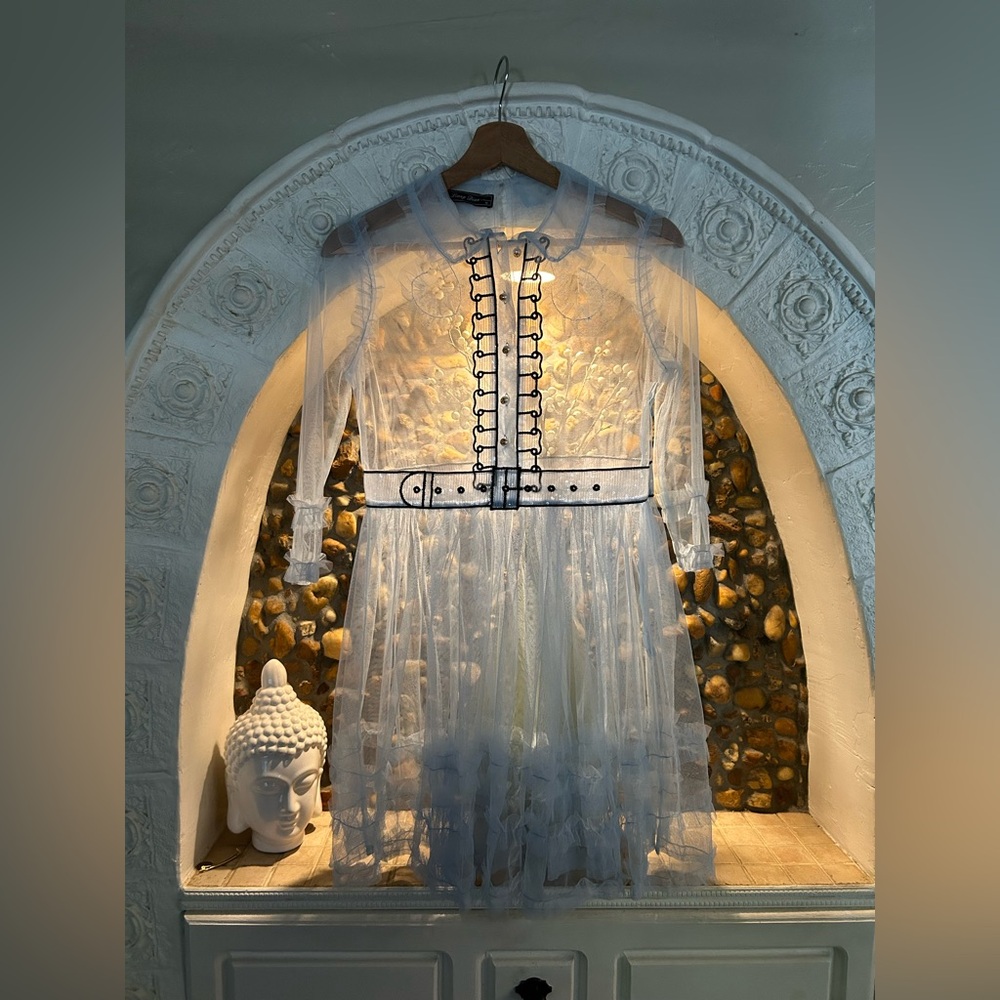 Liang Dian Sheer Blue Lace Dress with Belt
